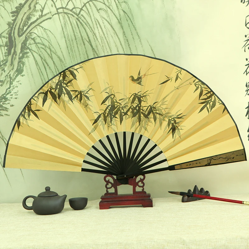 

Imitation Ebony Folding Fan Male Chinese Style Ventilador Calligraphy Hand Painted Cloth Fan Ventilateur Portable Dance Props