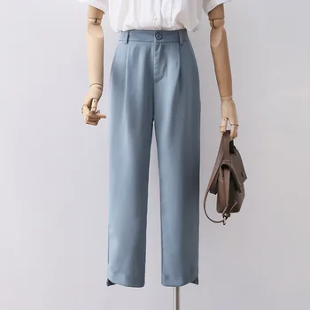 

chiffon high waist women pant solid straight solid button office lady elegant pant loose all match fashion clothing