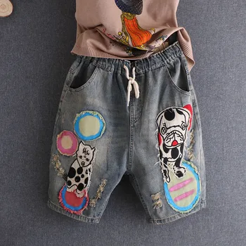 

Plus Size jeans Women Knee Length Elastic Waist Embroidery Pattern Pockets Hole Lace Up Ripped Denim Casual Streetwear