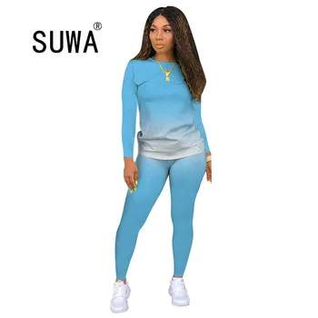 

Women Two Piece Set Long Sleeve Tee Tops Skinny Sweatpants Stacked Joggers Suit Tracksuit Matching Set Sport Gradient Clothing