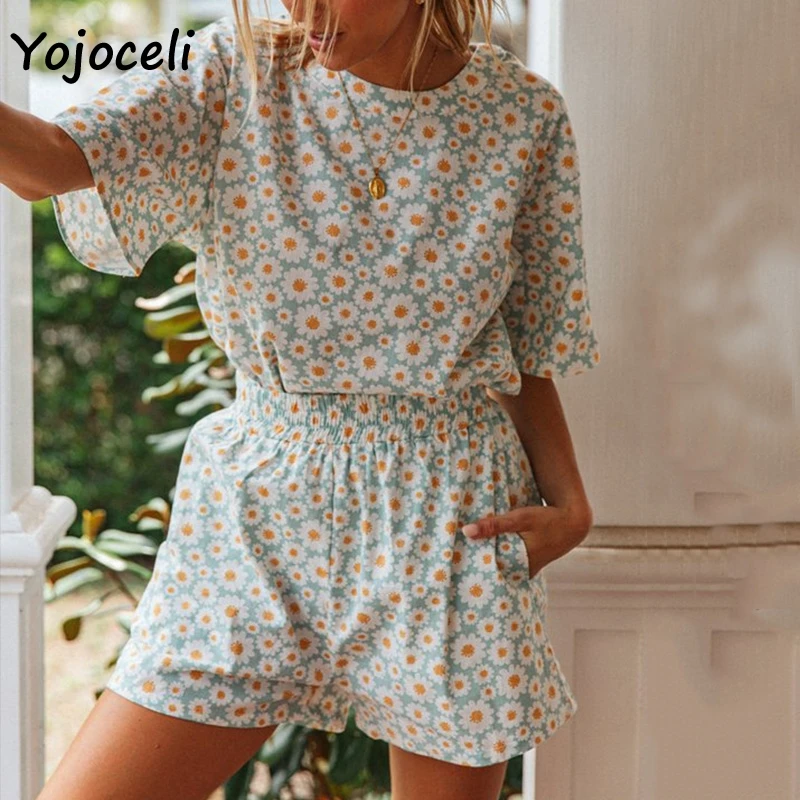 Yojoceli шикарный цветочный принт из двух частей комбинезон женский boho пляжный Короткий комбинезон Повседневная одежда