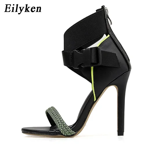 Green Eilyken/Модные женские босоножки на высоком каблуке пикантная обувь с открытым носком и ремешком на щиколотке сандалии на молнии с перекрестными ремешками женская обувь - Цвет: Green