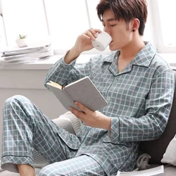 100% Cotton Pijama for Men 2 Pieces Lounge Sleepwear Pyjamas Plaid spring Bedgown Home Clothes Man PJs Pure Cotton Pajamas Set