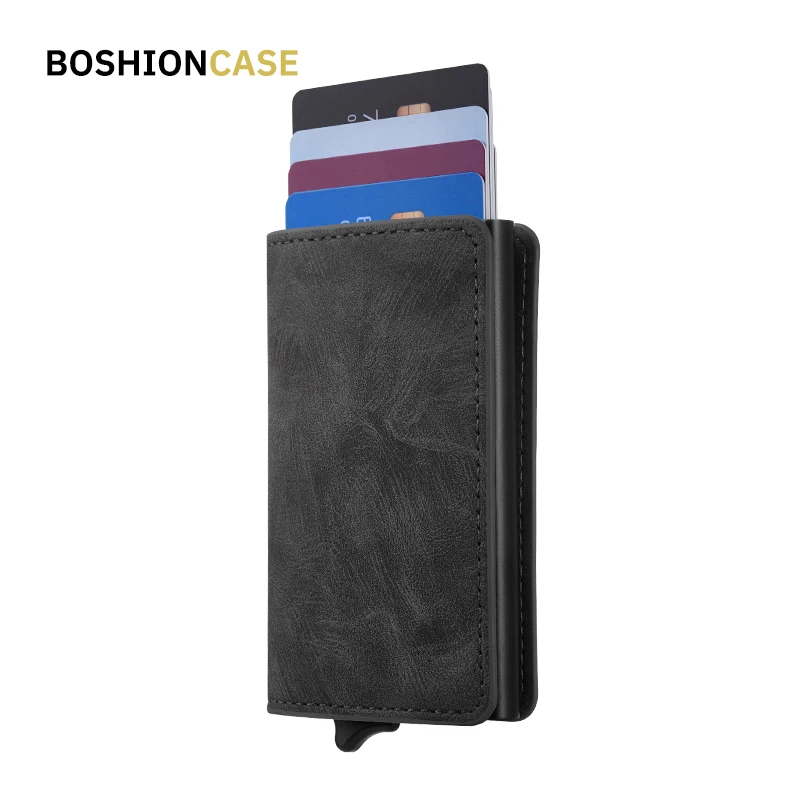 

BOSHIONCASE Leather Credit Card Holder Metal 2020 Casual PU Pop Up RFID Blocking Bank Wallets Aluminum Box Slim