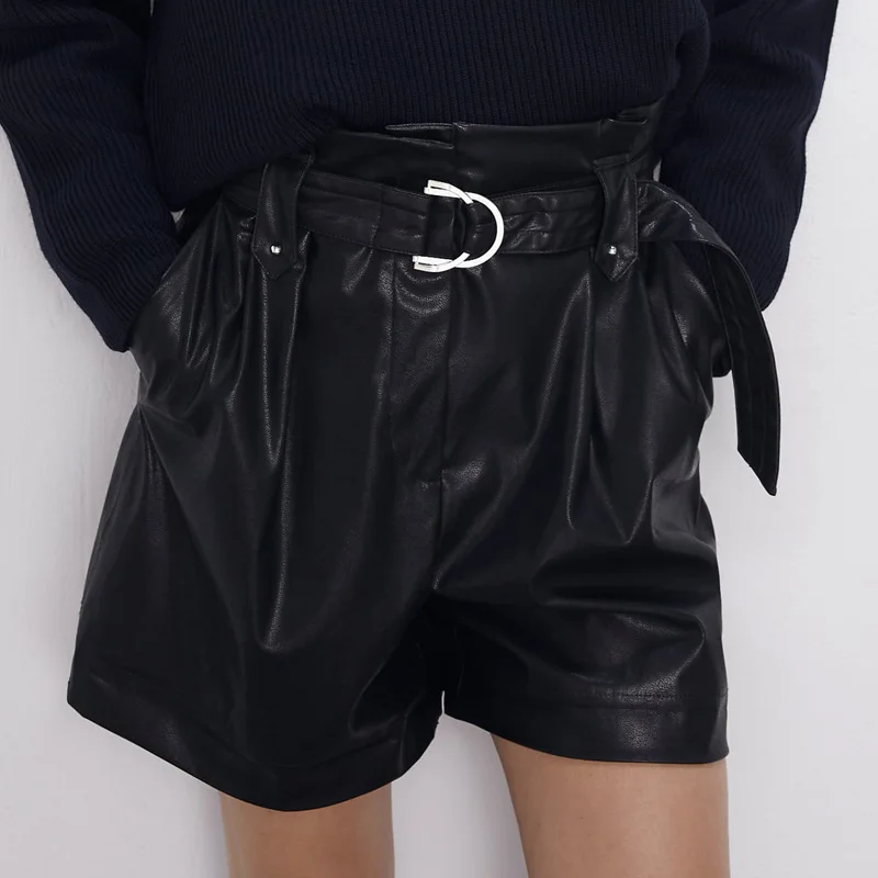 Women Black Faux leather paperbag shorts New arrival casual style With belt mini short Trousers Spring Autumn YNZZU YB384