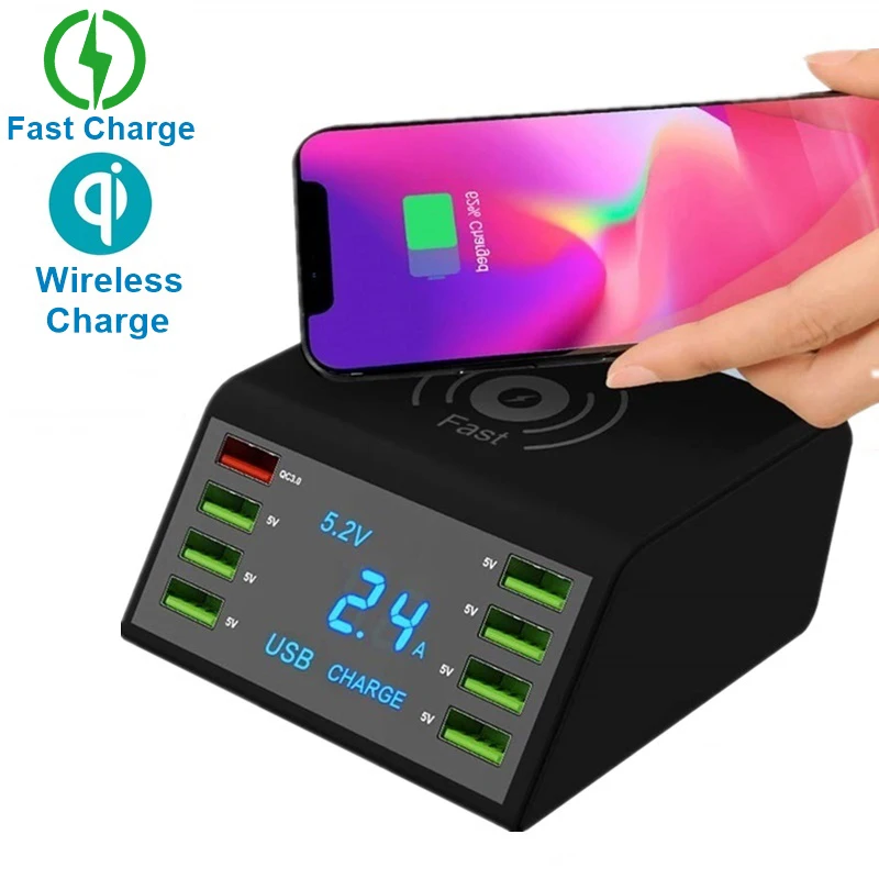 Индукционное зарядное устройство Quick Charge 3,0 Мульти 8 портов USB быстрое зарядное устройство Fori iphone X для samsung A70 huawei P9 Lite Redmi Note 10 Pro