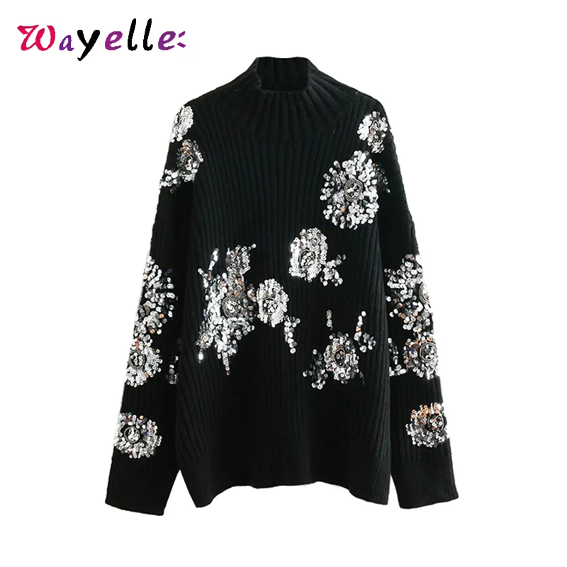 

Knitted Sweaters Women Sequins Loose Pullovers Sweaters Turtleneck Long Sleeve Beading Oversized Sweater 2019 Winter Korean Top