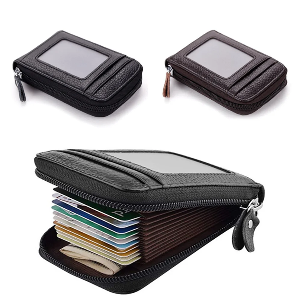 Vintage Genuine Leather Men's Wallet Credit Card Holder RFID Blocking Zipper Money Pouch Protect Case Pocket Purse| |
