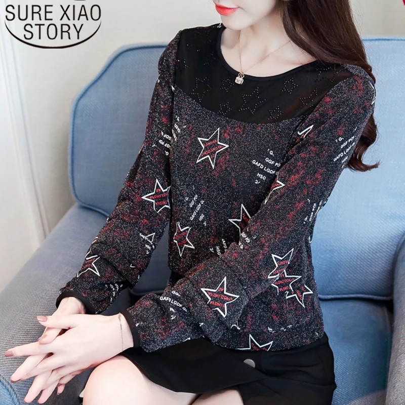 

Spring and Autumn 2019 Elegant Lace Women Tops Printing O-neck Long Sleeve Women Blouse Plus Size Fashion Women Clothing 5535 50