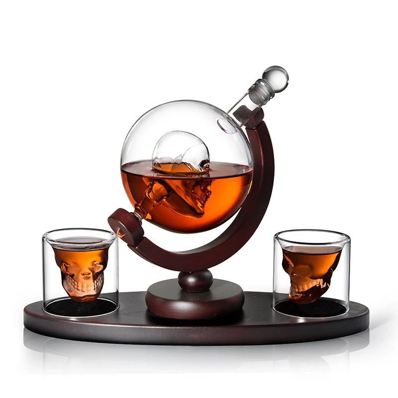 Whiskey Decanter Globe Set with 2 Etched Globe Whisky Glasses for