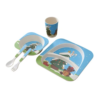 

5Pcs/Set New Natural Bamboo Fiber Dinnerware With Bowl Fork Cup Spoon Plate Children Cartoon Feeding Dishes Baby Dish Tableware