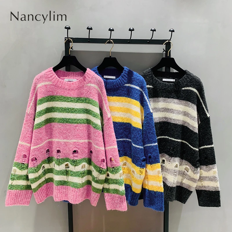 

Autumn Sweater Womans 2019 New Women's Korean Loose Pullover Striped Sweater with Holes Knitwear Winter Outwears Coat Tracksuit
