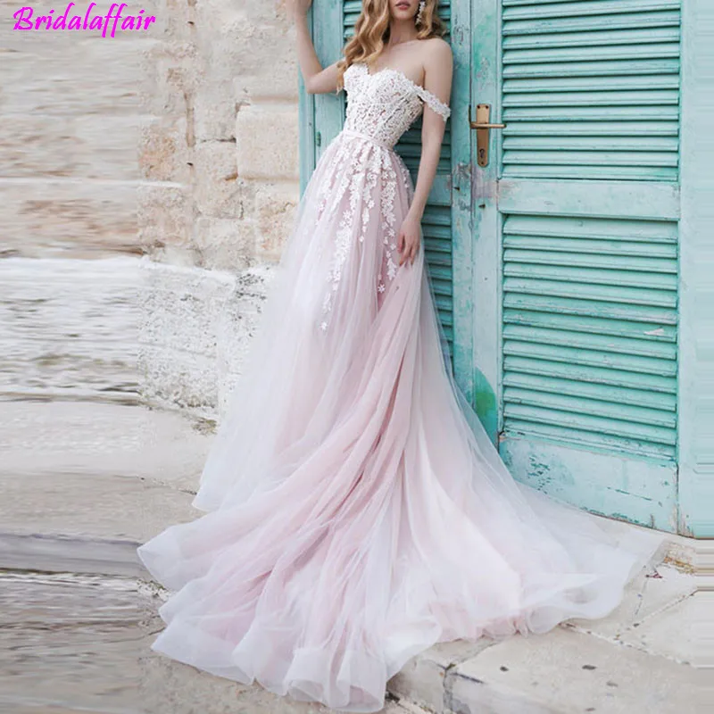 

Scoop Lace Applique A Line Pink Wedding Dresses Sleeveless Tulle Boho Bridal Gown Corset Back Vestidos Open Back Bridal Dress