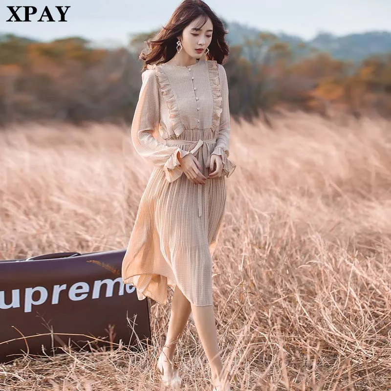 

Elegant O-Neck Lace-Up Chiffon Women Dress Vintage Ruffles Flare Sleeve Polka Dot Long Dress 2020 Summer Korean Midi Vestidos