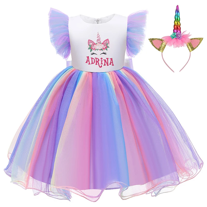 Girls' Printed Letter Unicorn Color Dress Mesh Splicing Big Bowknot Flying Sleeve Princess Children Birthday Party Clothes | Детская