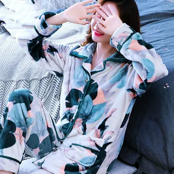 

Leopard Flannel Pajamas for Girls Print Home Suit Pijama Sets Thick Winter Pyjamas Sleepwear Sexy Lingerie Two Piece Set