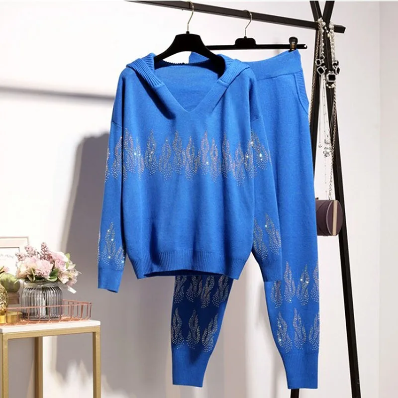 

Knitted Casual 2pc Set Female Autumn Manual Diamond Loose Hooded Pullover Sweater Long Knit Pencil Pants Women Tracksuit Outfits