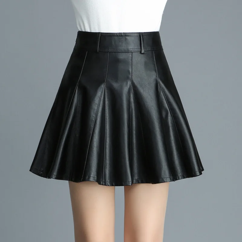

New Style PU Leather Pleated Skirt High Waist Skirt Short Skirt Slim Fit A- line Skirt Women's Autumn And Winter Small Leather S