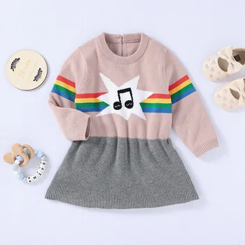 

LZH 2020 Autumn Winter New Girls Color Matching Jacquard Dress Little Girls Knitting Color Striped Long-sleeved Princess Dresses
