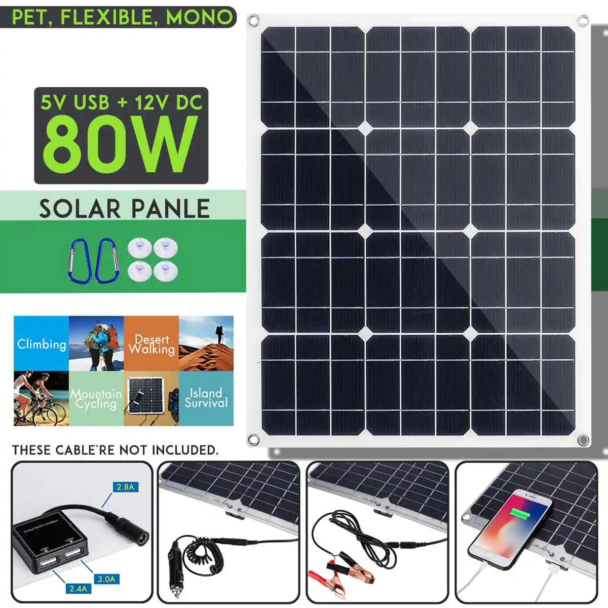 

80W Durable Solar Panel Panels Double USB interface12V/5V Solar Cells Cell Module for Car Yacht Led Light Boat Outdoor Charger