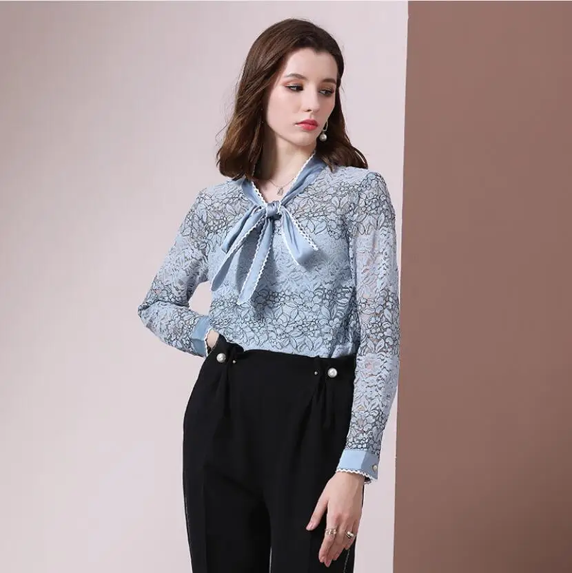 Blusas Mujer De Moda осень Для женщин рубашка в Корейском стиле Модные Костюмы, женские туфли с бантом верхняя одежда голубого цвета кружевная блузка, женские рубашки Feminina