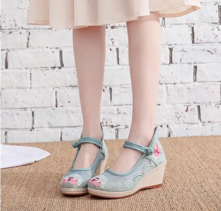 Air Mesh Wedge Pumps for Ladies 2021 Summer Women Shoes обувь для женщин летняя Ethnic Embroidered Ankle Strap Female Sandals