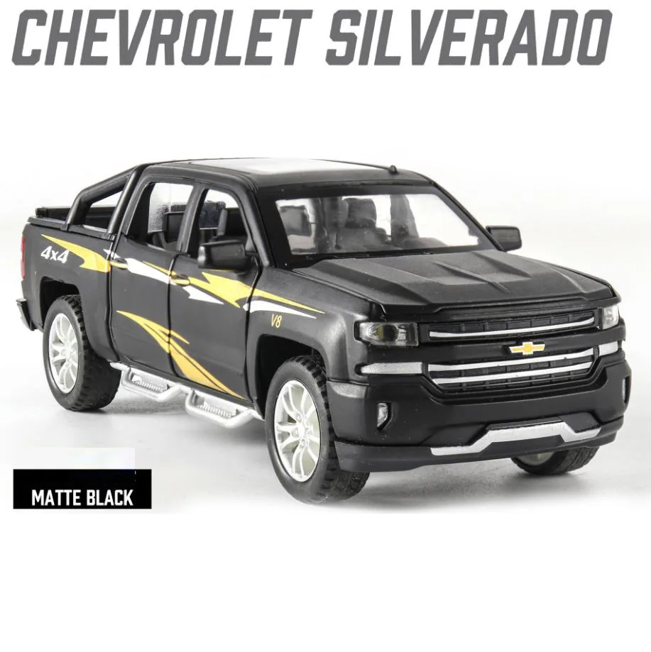 Горячая 1:32 Масштаб колеса 4x4 Chevrolet пикапа металлическая модель с светильник и звук silverado литья под давлением автомобиль вытяните назад игрушка Коллекция - Цвет: Черный