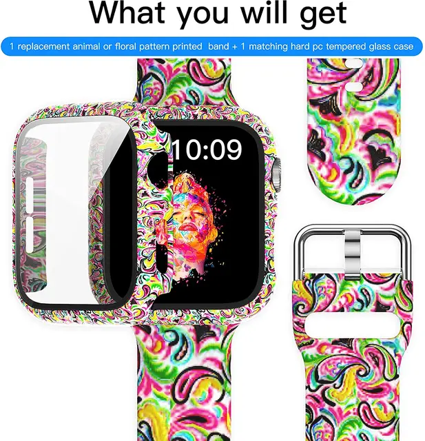 Silicone Strap+Cover for Apple Watch Bands 44mm 40mm 42mm 38mm Screen Protector, Glass+Silicone Wristband Strap for iwatch 2 in1 Case Band 09