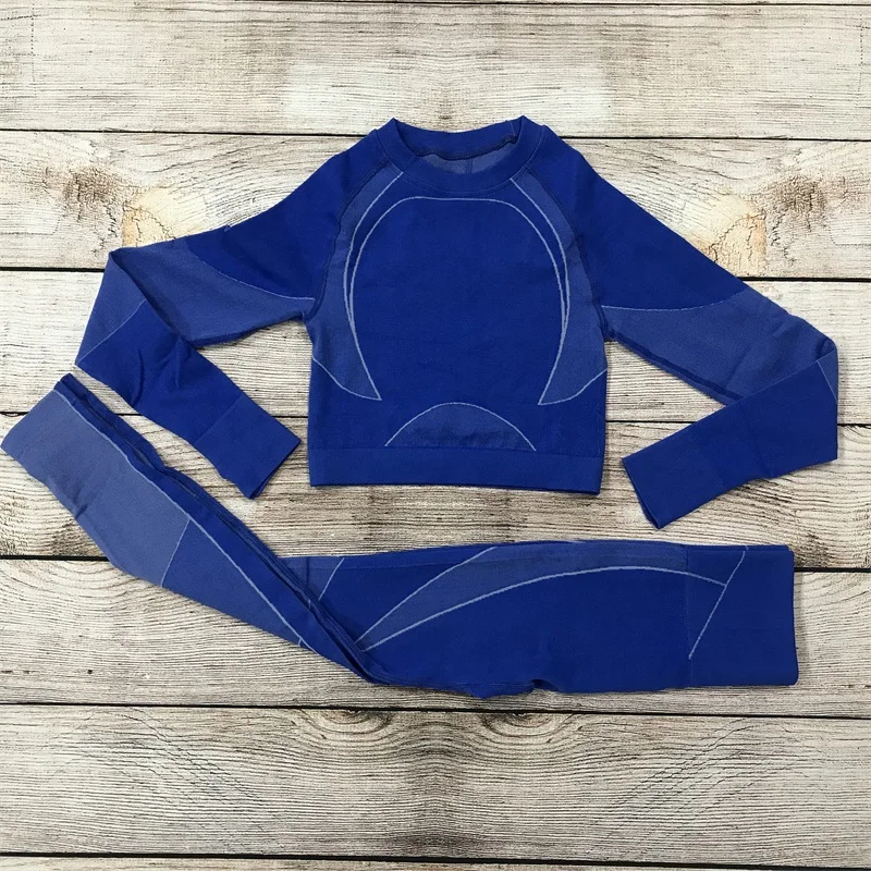 2pcs/set Vital Women Sport Suit Gym Blue Set Workout Clothes Long Sleeve Fitness Crop Top+ High Waist Energy Seamless Leggings