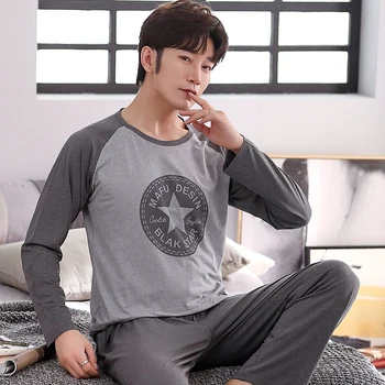 

Autumn Knitted Cotton Men's Pajamas Letter Striped Cartoon Pajama Sets Casual Masculine Pyjamas Plus Size L-3XL Pijama