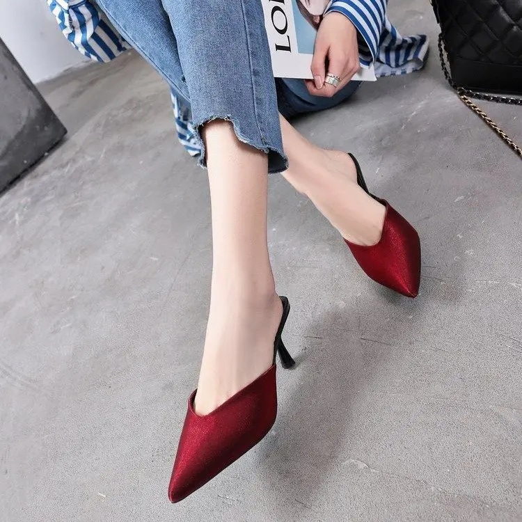 

Graceful Sexy Women Female Fashion Casual Pointed Toe Half Slippers Sandals Slides Med-Heeled Stilettos Mules Shoes gbn6