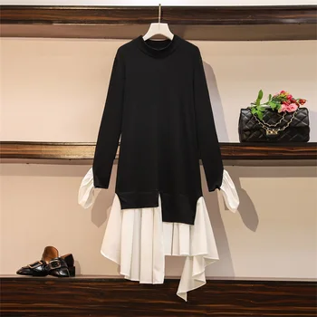 

large size women dress 2020 fashion long sleeve o neck patchwork A line black autumn dress elegant vintage winter female vestido