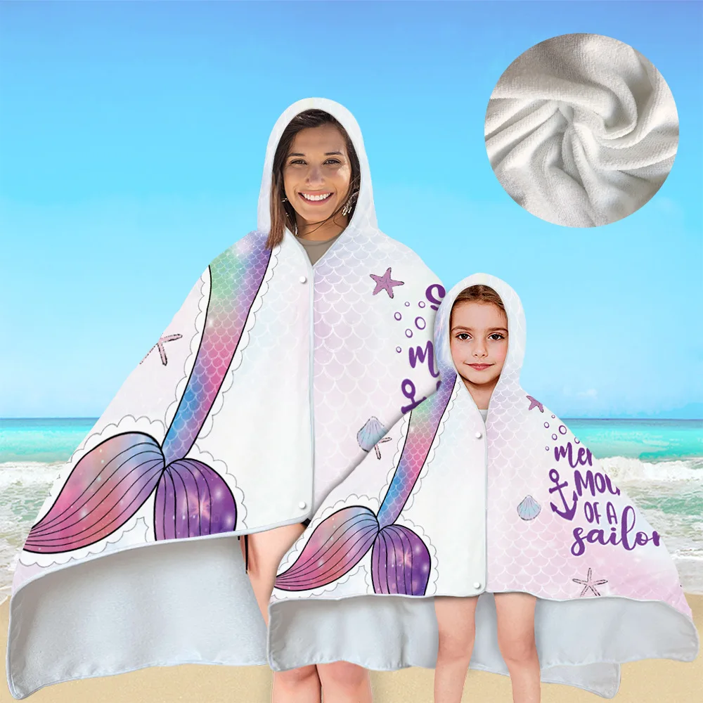 150*200cm Children's Adult Mermaid Water-absorbing Wind-proof Sun-proof Hooded Cloak Square Bath Towel Hood Wearable Beach Towel