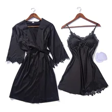 Черный сексуальный женский ночной халат, топ на бретелях, Пижамный костюм, летний комплект одежды для сна из двух частей, домашняя одежда, ночное кимоно для сна, банное платье