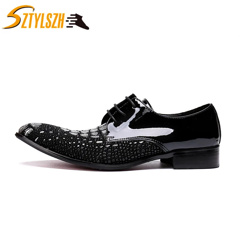 

Luxury Mens Crocodile pattern Bright Patent Leather Shoes Men Dress Shoes Fashion Male Wedding Shoes Men's Flat Oxford Shoes