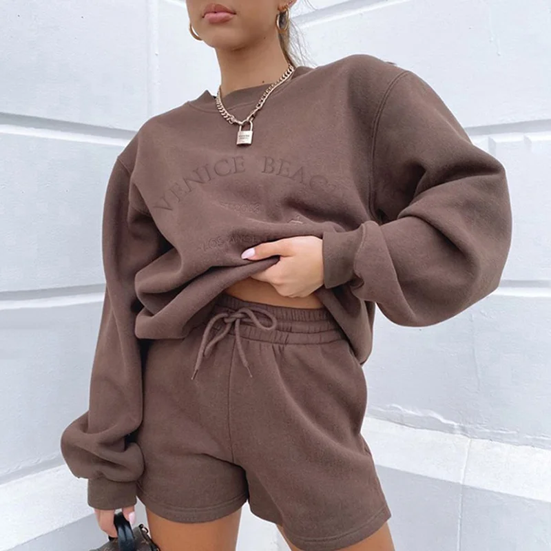 Conjunto de 2 piezas con estampado de letras para mujer, sudadera de manga larga, pantalones cortos de chándal holgados e informales, ropa de descanso, otoño e invierno, 2021