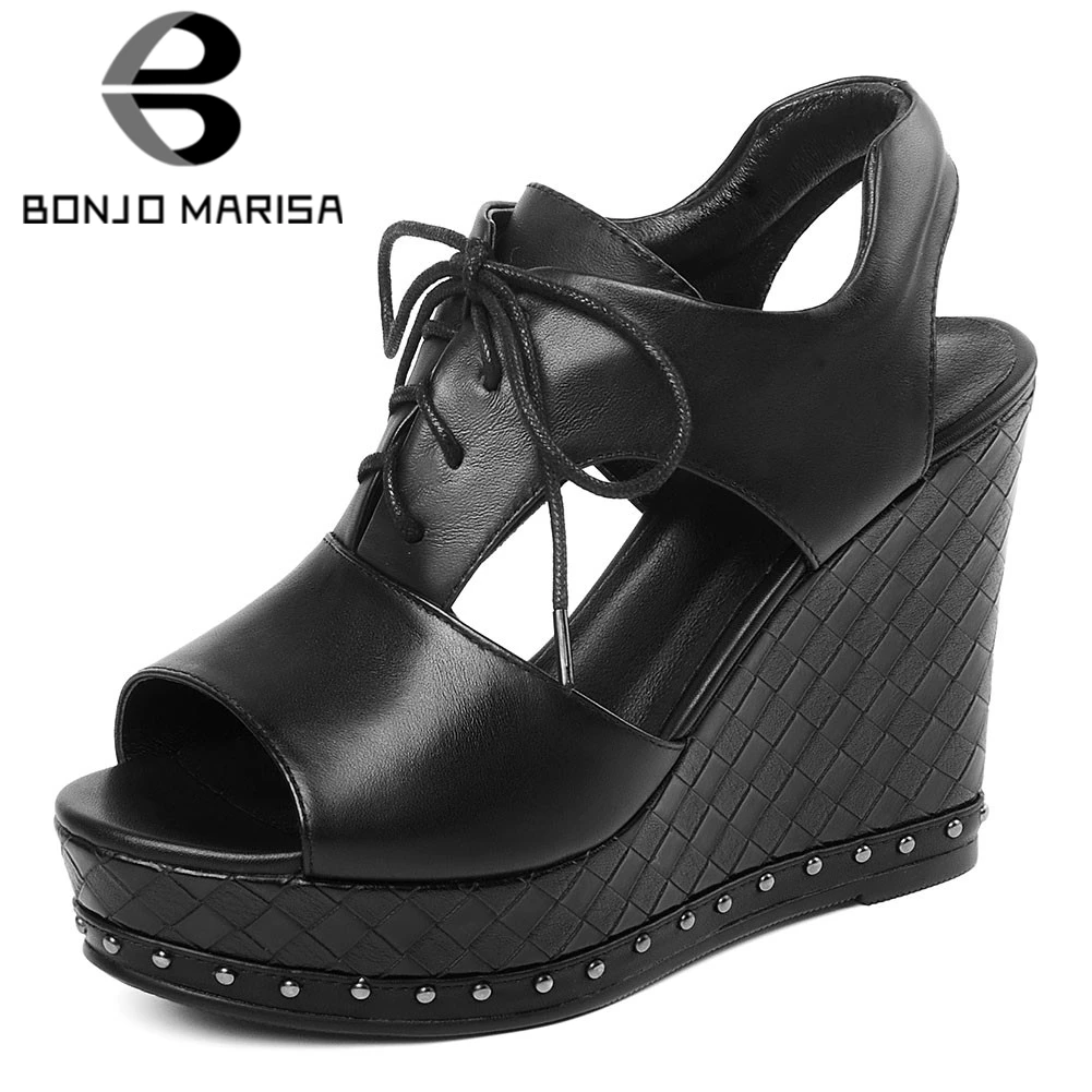 

BONJOMARISA Brand New Genuine Leather Ladies Wedges High Heels Sandals Fashion Rivet Platform Sandals Women Party Ol Shoes Woman