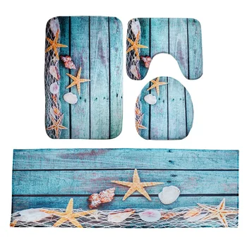 

4 Pcs Beach Seashells Starfish Sand Bath Mat Holidays Summer Bathroom Carpet Rug, 1 Pcs 40X120cm & 3 Pcs 44x75cm