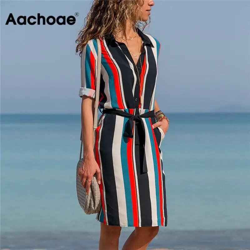 Aachoae Dress 2020 Summer Striped A-line Print Boho Beach Dresses Women Long Sleeve Office Shirt Dress Mini Party Dress Vestidos Aachoae Dress 2020 Summer Striped A-line Print Boho Beach Dresses Women Long Sleeve Office Shirt Dress Mini Party Dress Vestidos