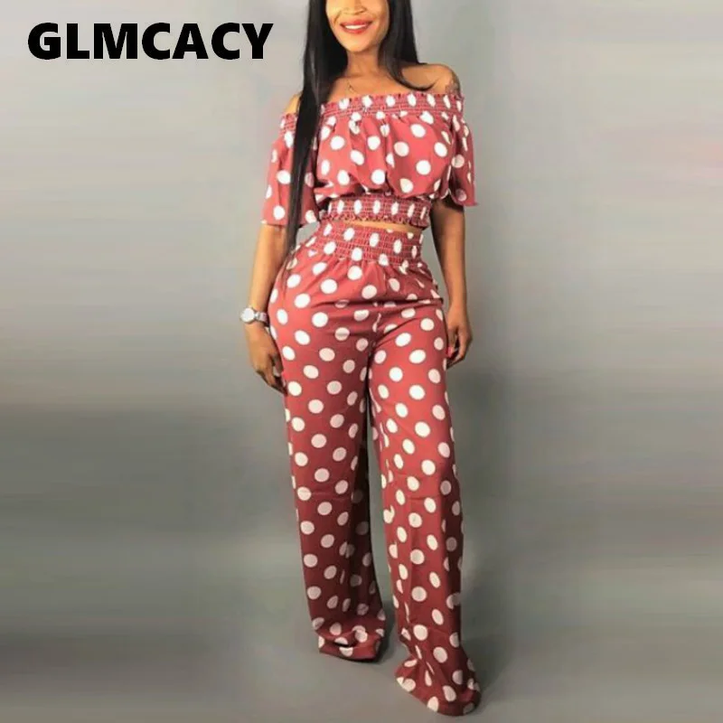 

Women Summer Sexy 2 Pieces Outfits Polka Dot Printed Off Shoulder Crop Top and High Waist Long Pants Elegant Streetwear Workwear