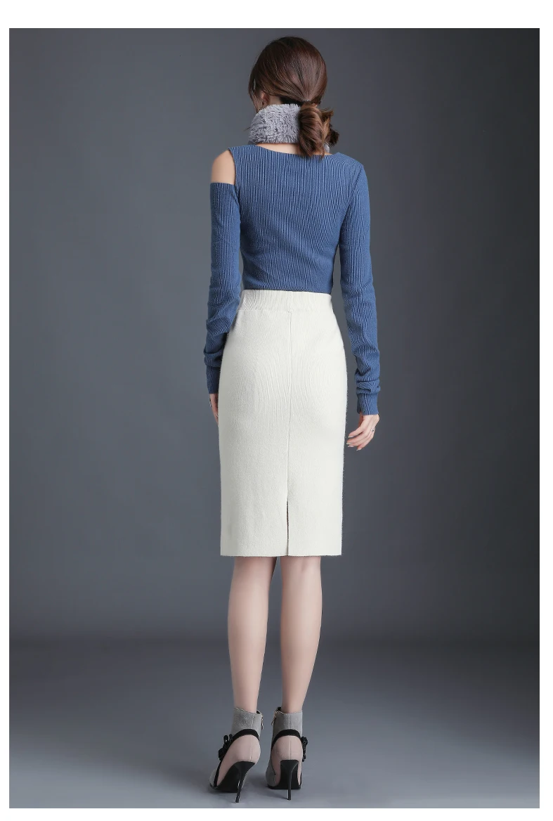 Новинка, Осень-зима, вязаные юбки-карандаш для женщин,, черная, белая, серая, кофейная, эластичная юбка с высокой талией, длиной до колена, Женская юбка с запахом