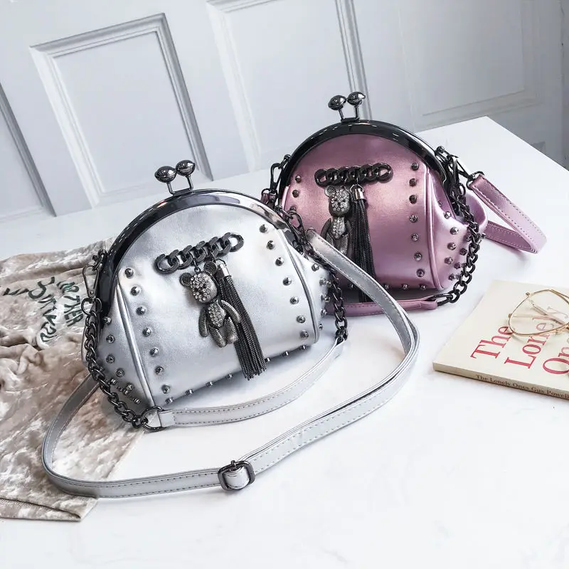 Lock Shell Bag Bags Rivet Metal Fringe Diamond Women Shoulder Crossbody Bag TWO Straps PU Leather Chain Women's Handbags Purses