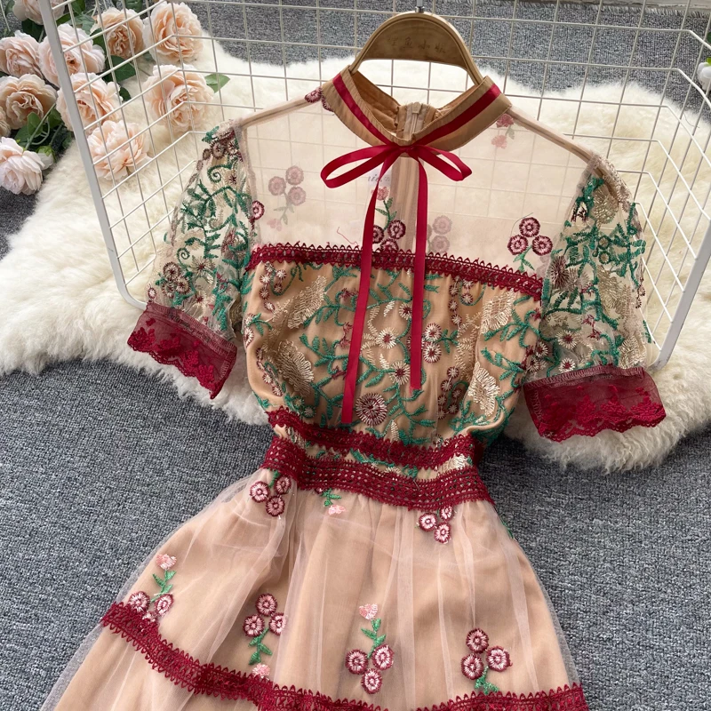  Puff Sleeve Women Vintage Embroidery Dress 