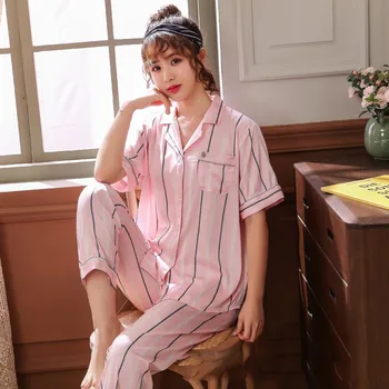 

Spring Summer Lady 2PCS Pajamas Set Sleepwear Short Sleeve Nightwear Shirt&pant Casual Bathrobe Pink Print Striped homewear
