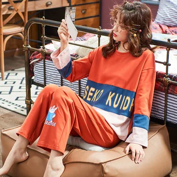 

Womens Pajamas Sets 2020 Autumn Cartoon Cute Sleepwear Night Suit Female Casual Pajamas Home Wear