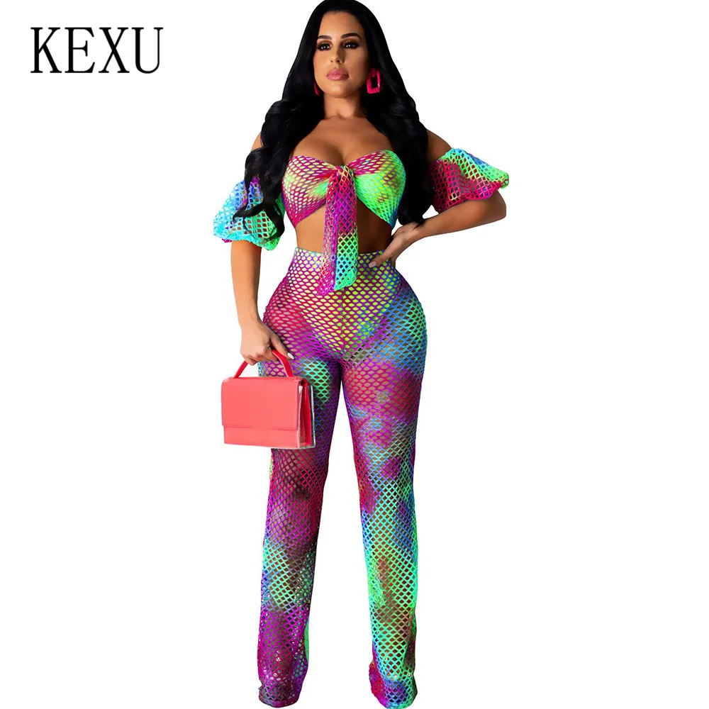 

KEXU Vintage See Through Two Pieces Sets Lace-up Hollow Out Grid Jumpsuits Female Summer Boho Beach Holiday Casual Playsuits