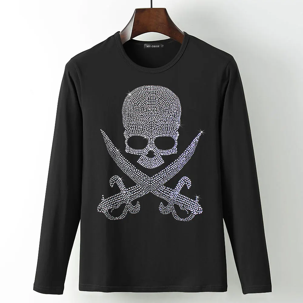 Новые футболки с черепом и бриллиантами, тянущаяся хлопковая футболка с длинными рукавами, готический стиль, мужская Высококачественная футболка большого размера 5XL со стразами - Цвет: T003-O-Black