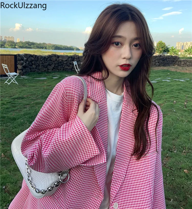 Женский офисный костюм на пуговицах с длинным рукавом розовая клетчатая куртка