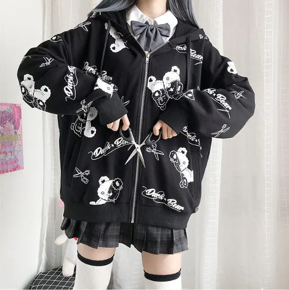 Gothic Coat Sweatshirt Women Fashion Spring 2021 Clothes Ins Preppy Kawaii Hoodies Long Sleeve Zip Up Hoodie Japanese Cute Tops