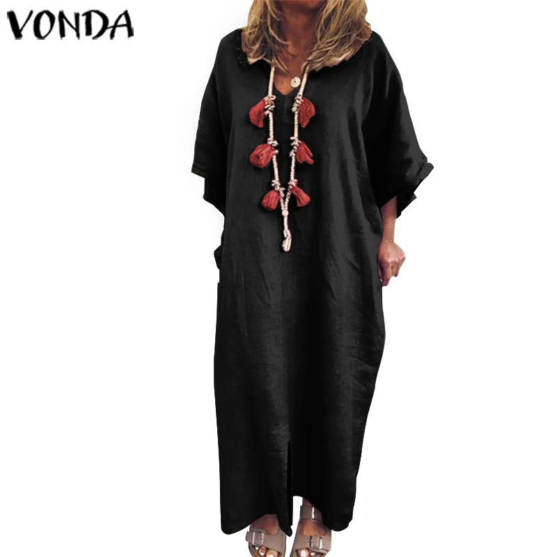Черный VONDA, женское летнее платье макси, одноцветное, повседневные, длинные платья, винтажные, длинные, вечерние, пляжные, Vestidos Bohemain, сарафан - Цвет: Черный